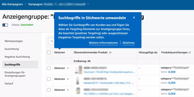 Screenshot Amazon Advertising ermöglicht Umwandlung von Suchbegriffen in (negative) Keywords