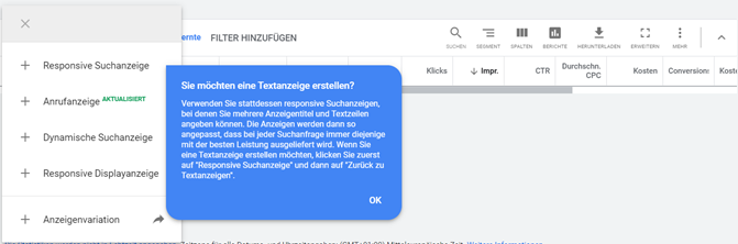 Screenshot Google Ads setzt Responsive Search Ads als Standard-Anzeigentyp