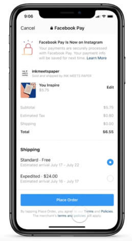 Screenshot Instagram Checkout mit Facebook Pay