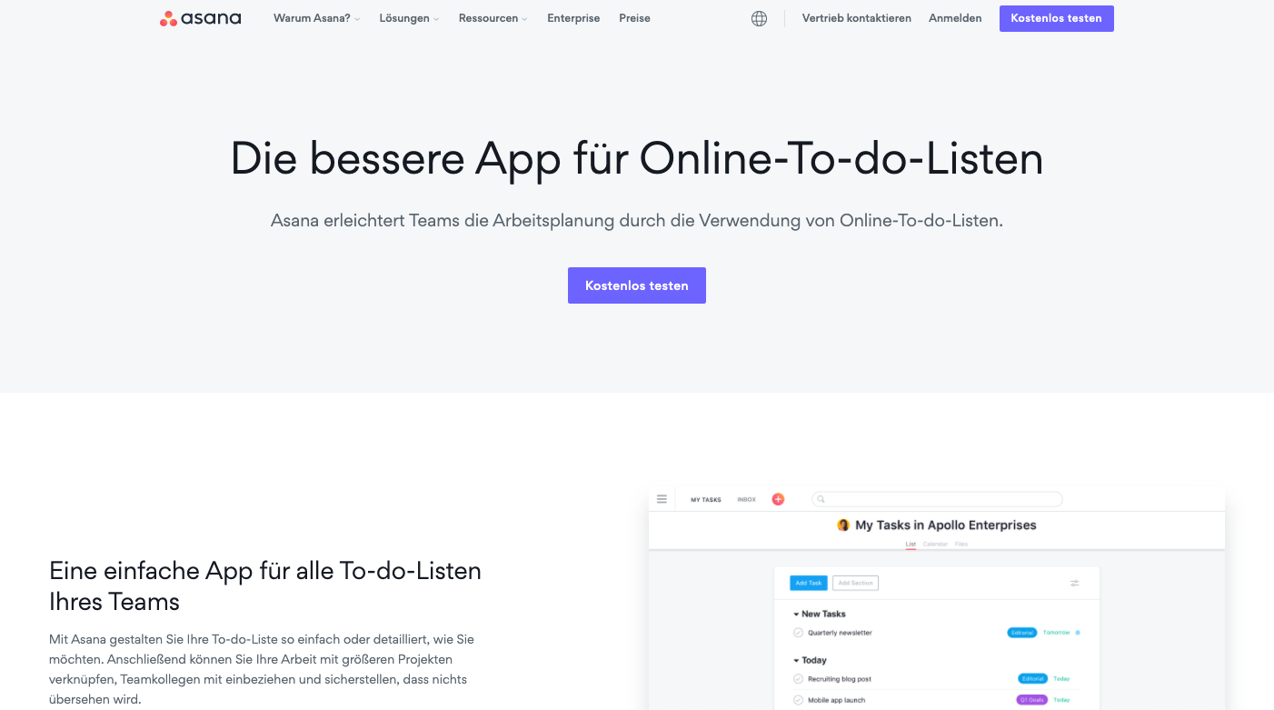 Screenshot Beispiel für strukturierte Landingpage Asana