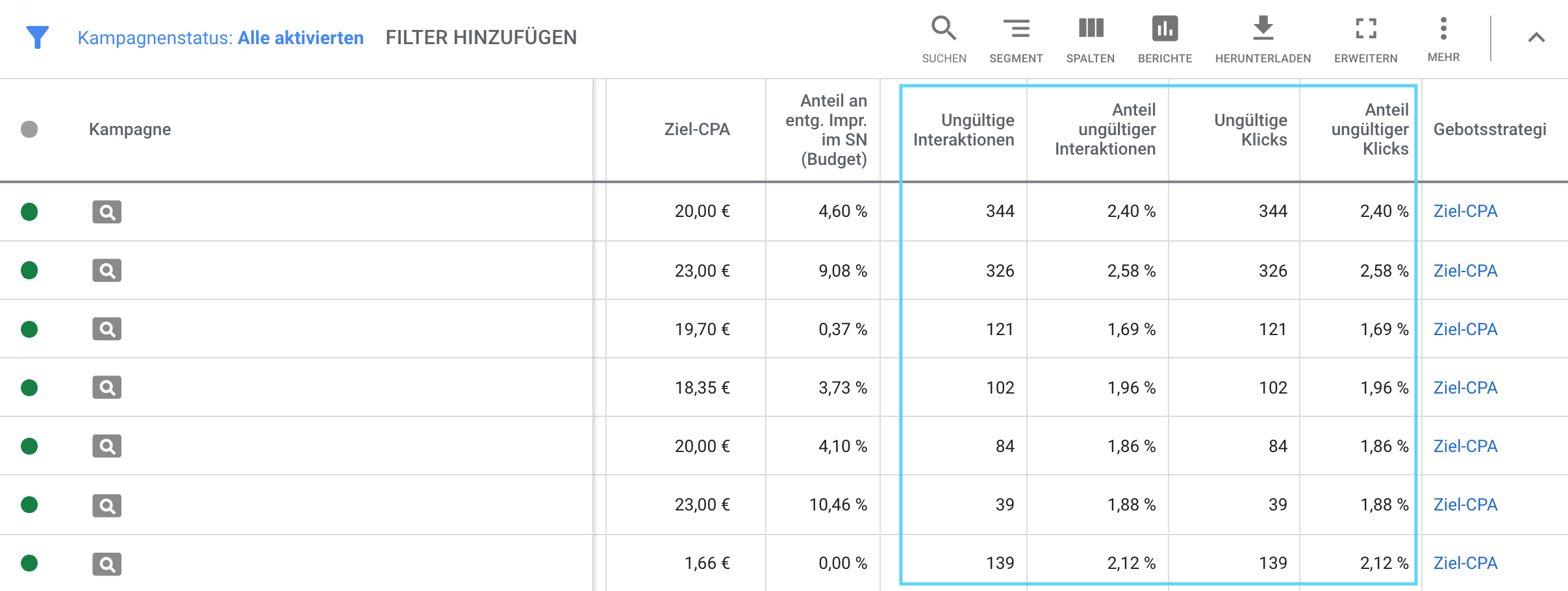 Screenshot Klickbetrug im Google Ads Konto abfragen