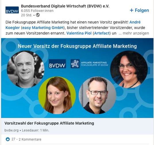 Screenshot LinkedIn Beitrag des BVDW mit neuen Vorsitzenden