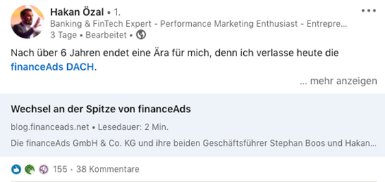 Screenshot LinkedIn Beitrag Hakan Özal zu seinem Ausstieg bei financeAds