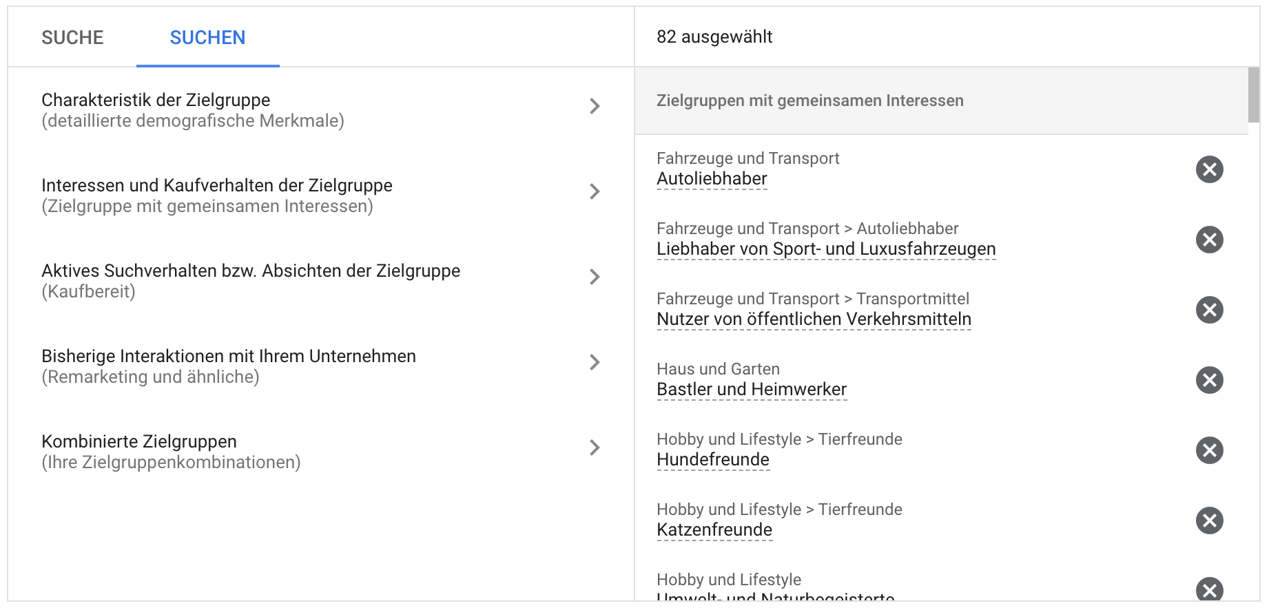 Screenshot Google Zielgruppenliste