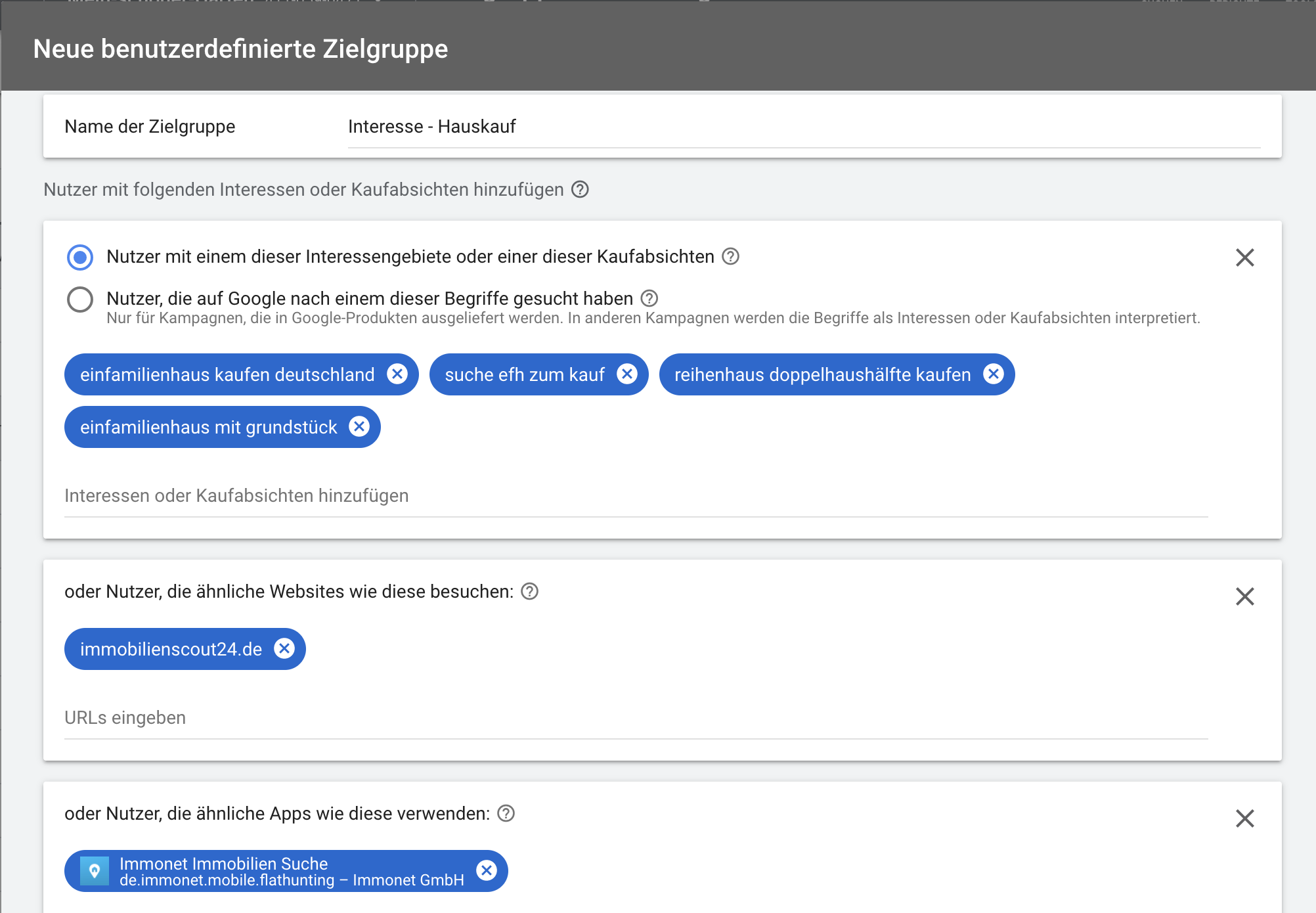 Screenshot Google Zielgruppe Interesse Hauskauf