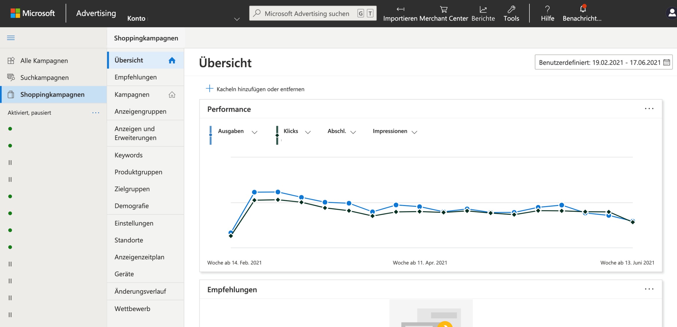 Screenshot Interface von Microsoft Ads