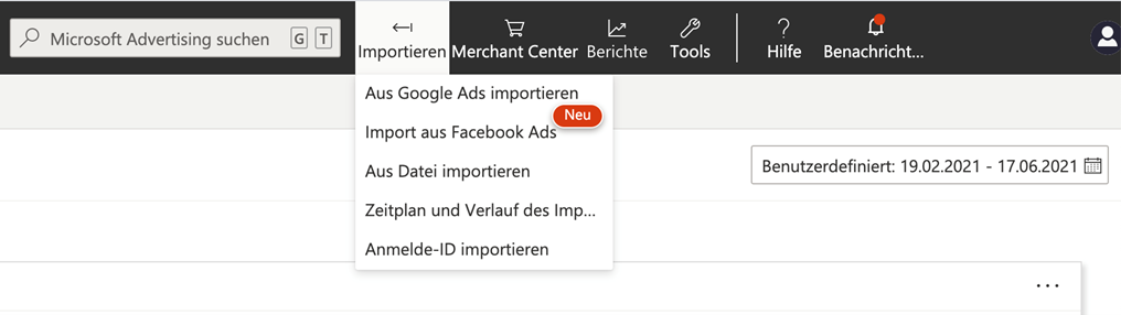 Screenshot Import von Kampagnen aus Google Ads