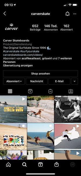Screenshot Instagram Profil Carver Skateboards