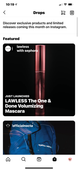 Screenshot neuer Drops-Bereich in Instagrams Shop-Tab