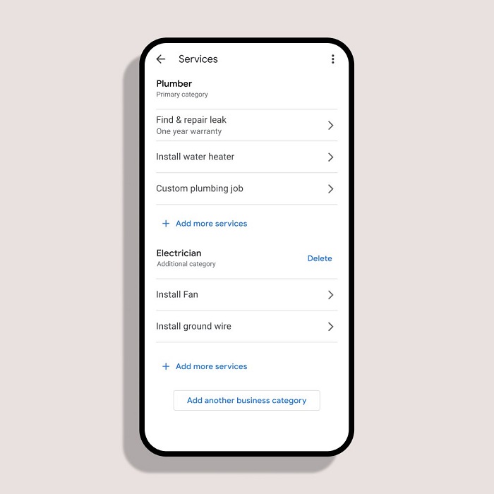 Screenshot Serviceleistungen im Google-My-Business-Profil
