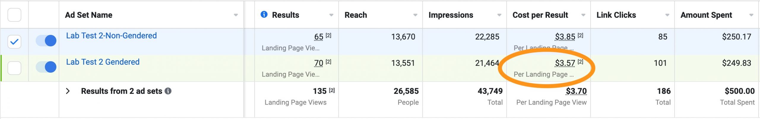 Screenshot Facebook Performance des gegenderten Creatives