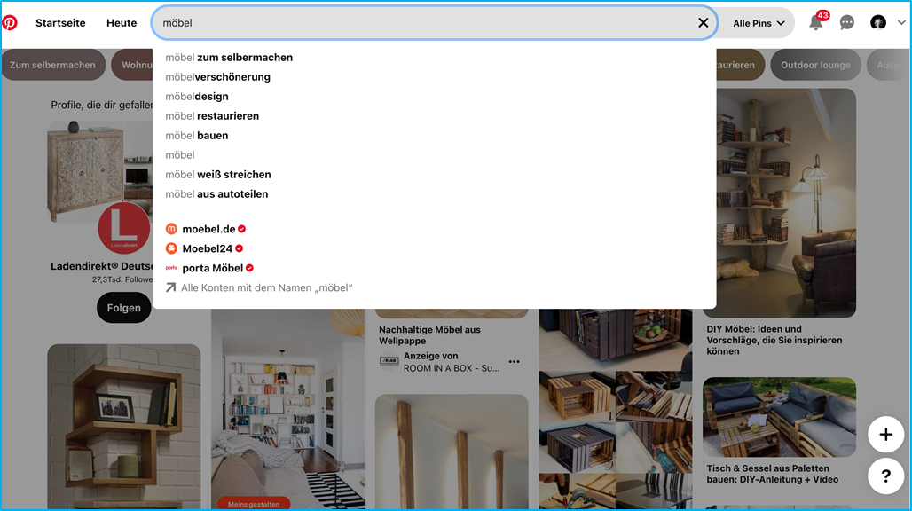 Screenshot Autosuggest-Funktion in der Pinterest-Suchleiste