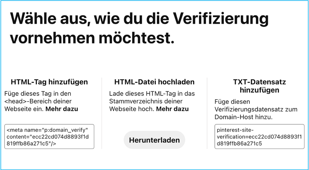 Screenshot Verifizierung der Domain in den Pinterest Einstellungen