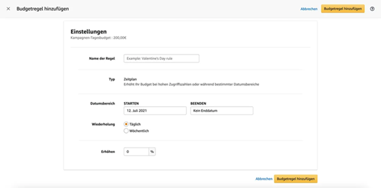 Screenshot Amazon Ads Budget-Regeln für einzelne Kampagnen