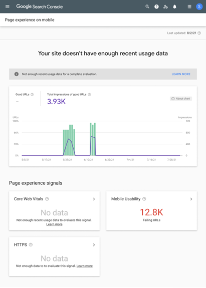 Screensot Eindeutiger Hinweis für nicht ausreichende Daten in der Google Search Console