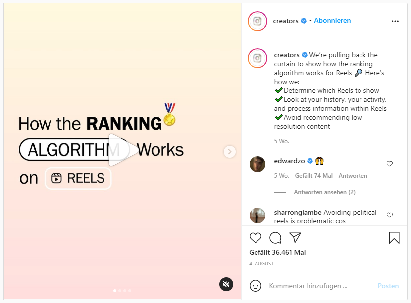 Screenshot Instagram Post "the algorithm of reels"