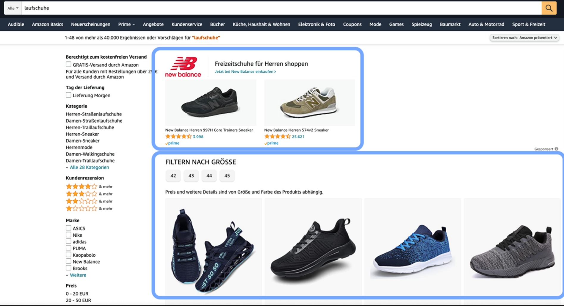 Screenshot der Amazon-Suchergebnisse zum Thema "Laufschuhe"