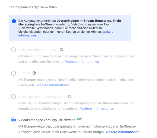 Screenshot Neuer YouTube-Kampagnentyp - Video Reach Ads 