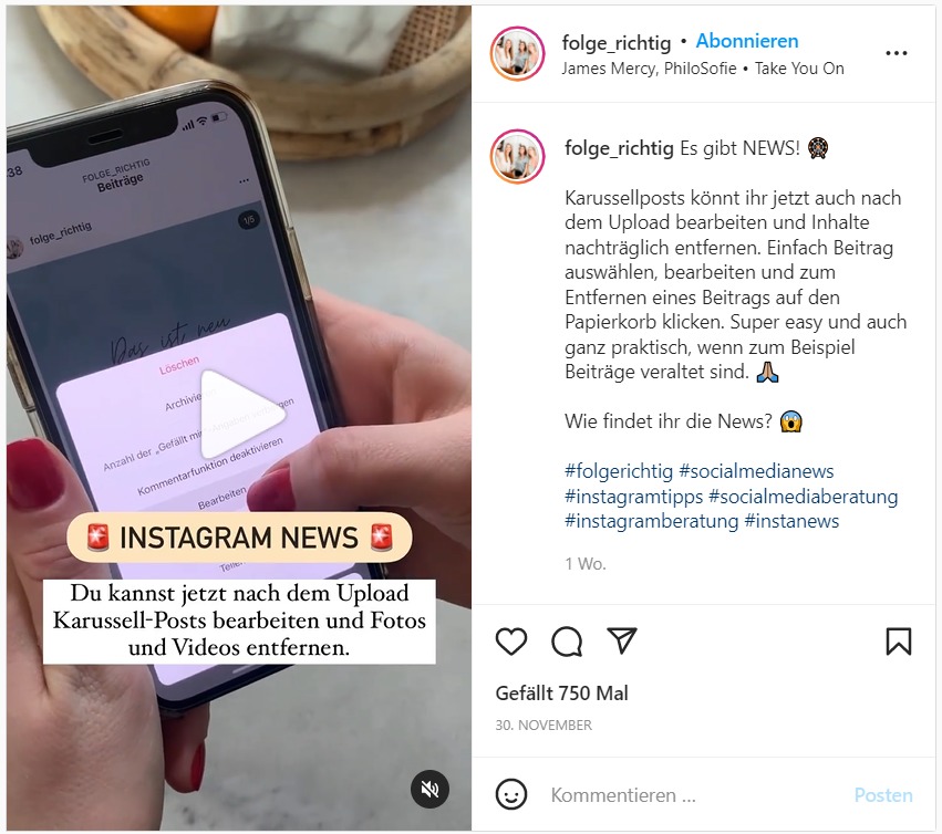 Instagram Reel Instagram News zu Karussell-Posts
