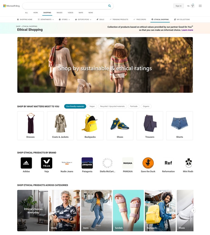 Screenshot Microsoft Bing Ethical Shopping Hub