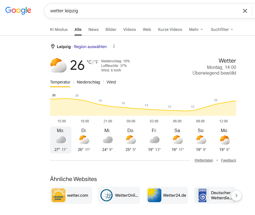 Wetter-Informationspanel in der Google Suche mit Links zu weiteren Anbietern